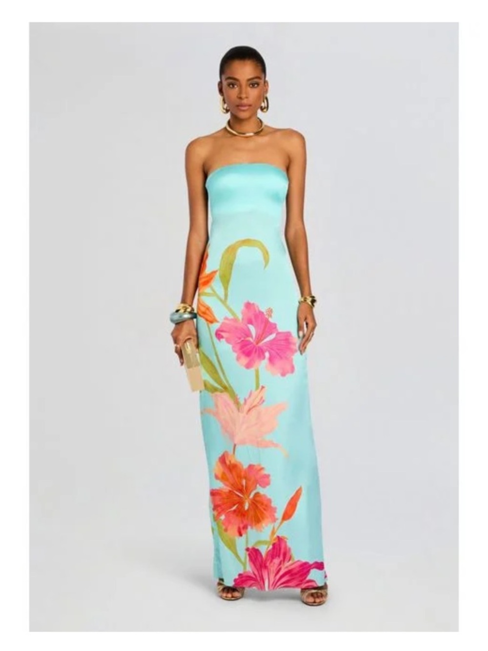Retrofete Strapless Aqua Floral Maxi Dress with Pink & Coral Blooms